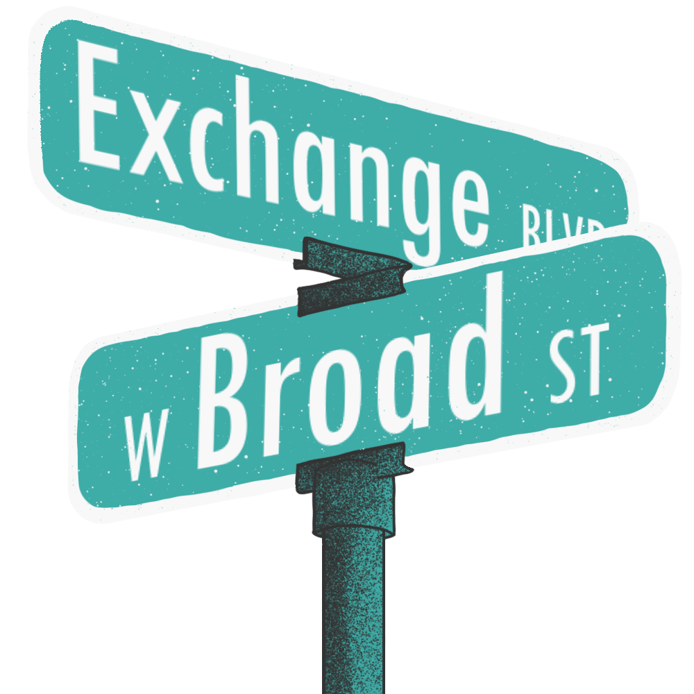 street sign for the intersection between exchange boulevard and west broad street